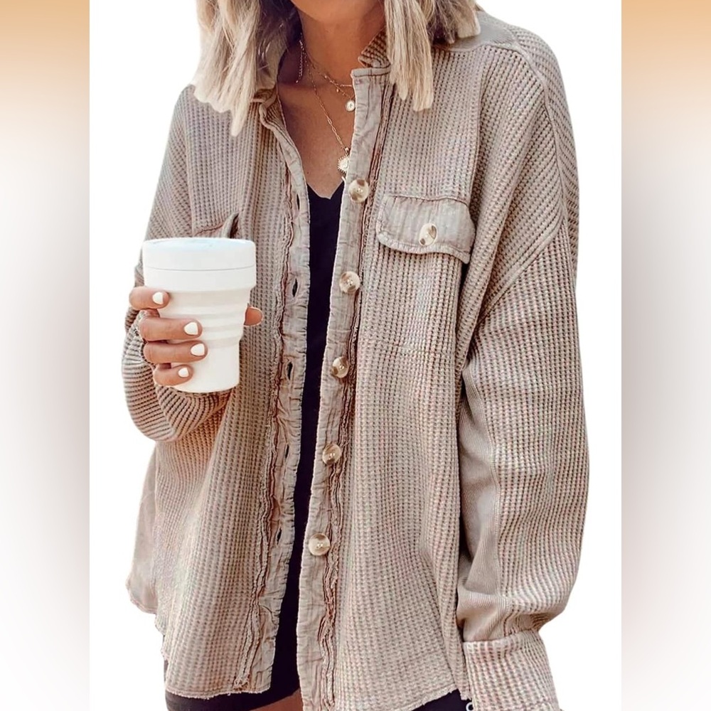 Waffle Knit Button-Front Women’s Sweater Shirt - Beige